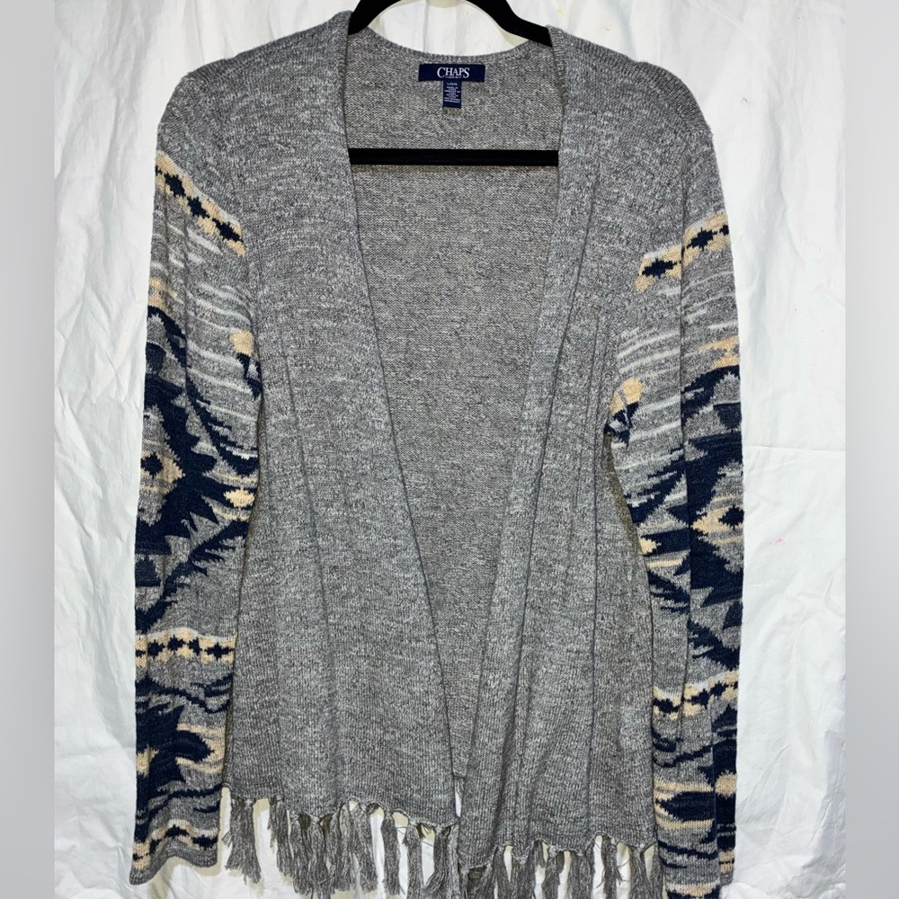 Chaps Gray and Navy Geometric Cardigan with Fringe